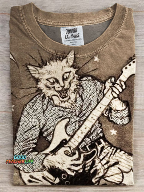 Rock Cat Art Print Casual T-shirt