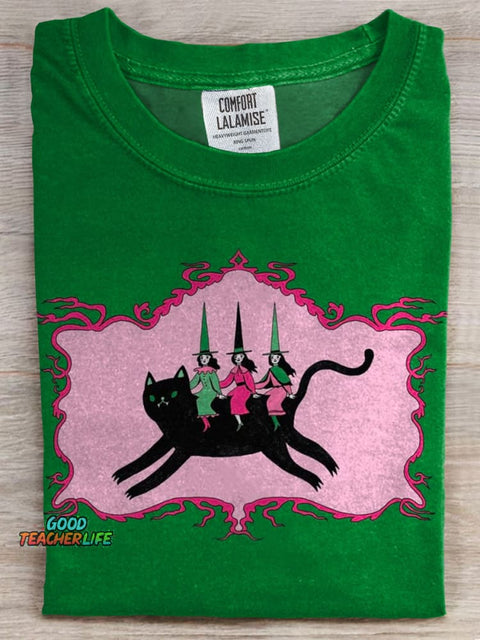 Witch and Cat Art Print Casual T-shirt