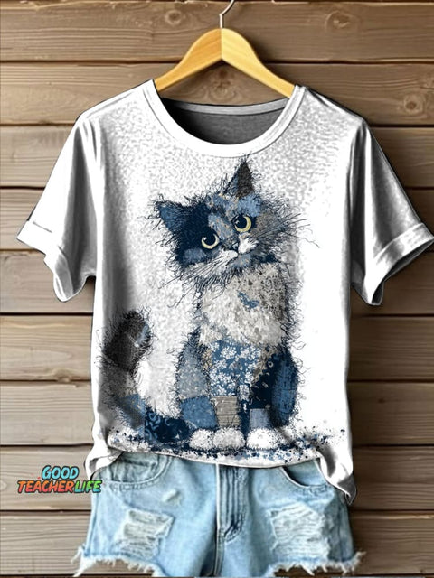 Cute Cat Art Print Casual T-shirt