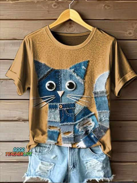 Cute Cat Art Print Casual T-shirt