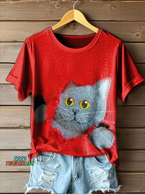 Funny Cat Art Print Casual T-shirt