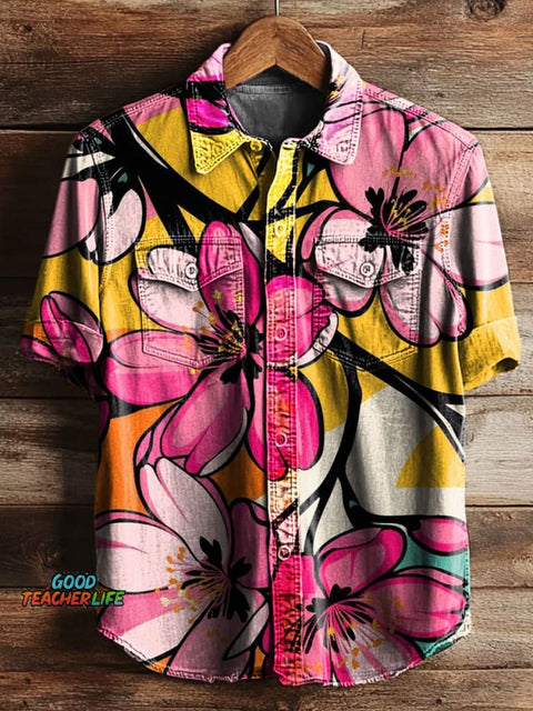 Colorful Flower Art Print Casual Shirt