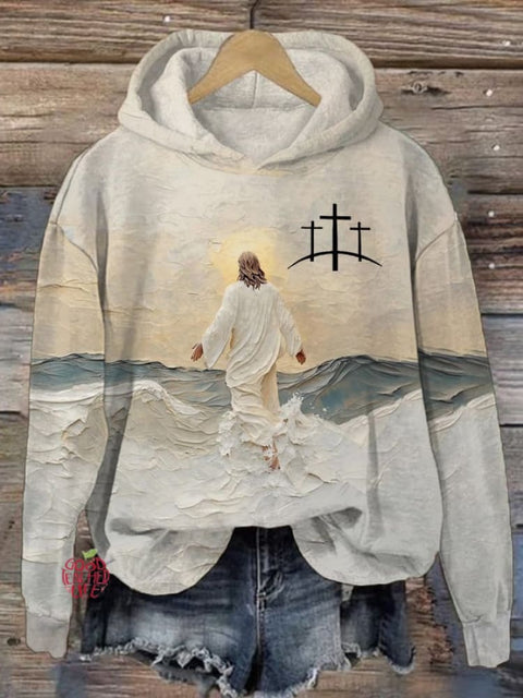 Women's Rural Oil Painting Jesus Faith Cross Printed Hooded Sweatshirt