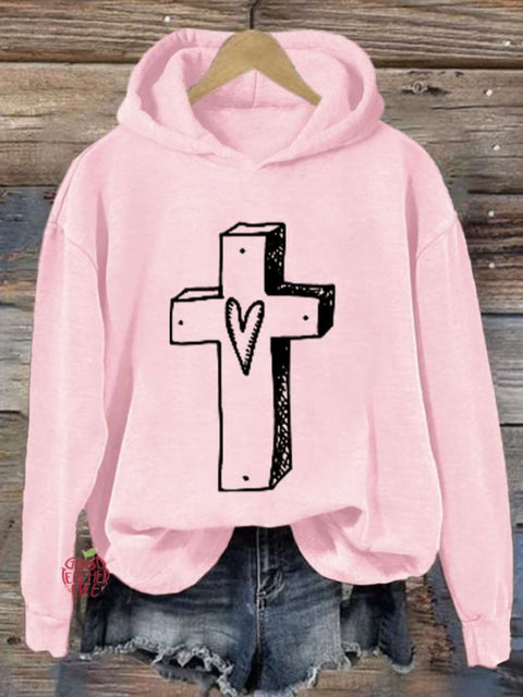 Women'S Retro Faith Cross Printed Hoodie