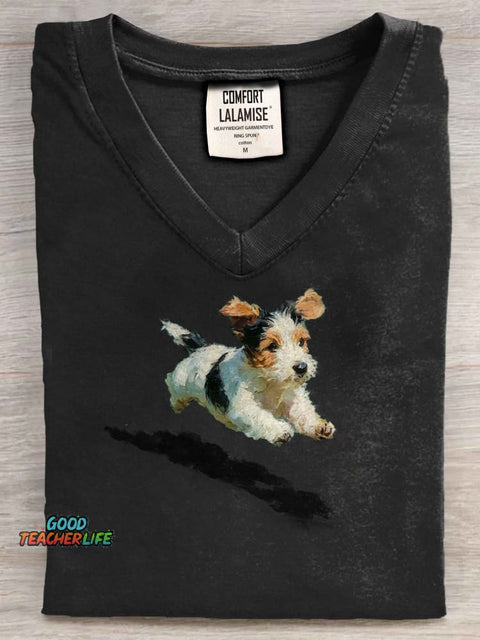 Dog Running In Grass Art V-neck Casual T-shirt