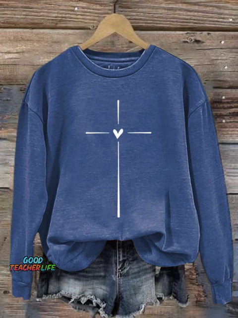Women's Christian Cross Printed Round Neck Long Sleeve Sweatshirt