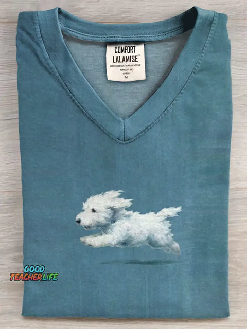 Funny Retro Cute Running White Dog Art Print V-neck Casual T-shirt