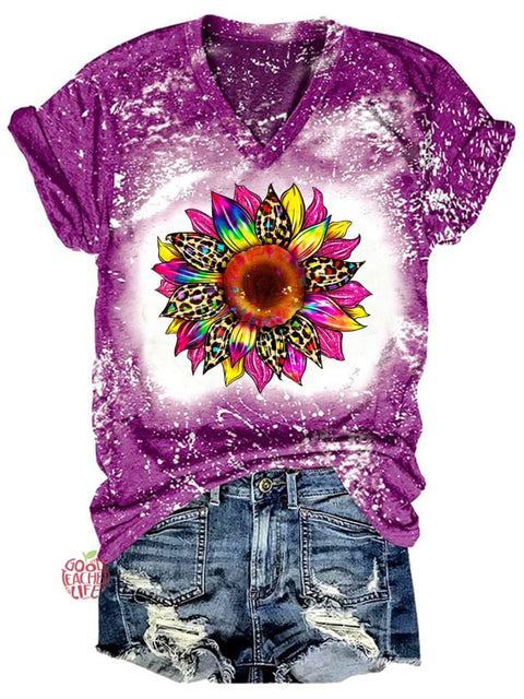 Sunflower Tie Dye Print V Neck T-shirt