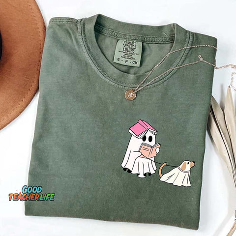 Ghost Walking Dog Reading Teacher T-Shirt