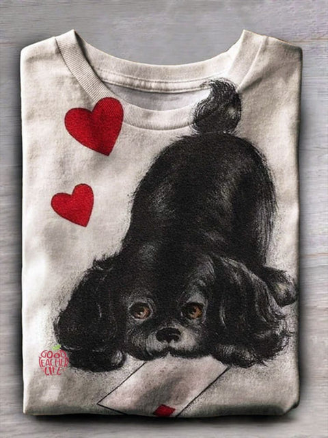 Women's Valentine's Day Hand Paint Illustration Dog Art Print Casual T-shirt