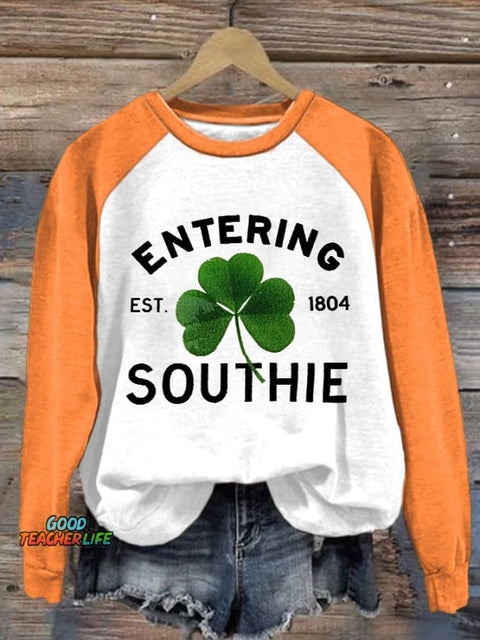 Retro Raglan Sleeves St Patrick's Day Shamrock Entering Southie Est .1804 Print Sweatshirt