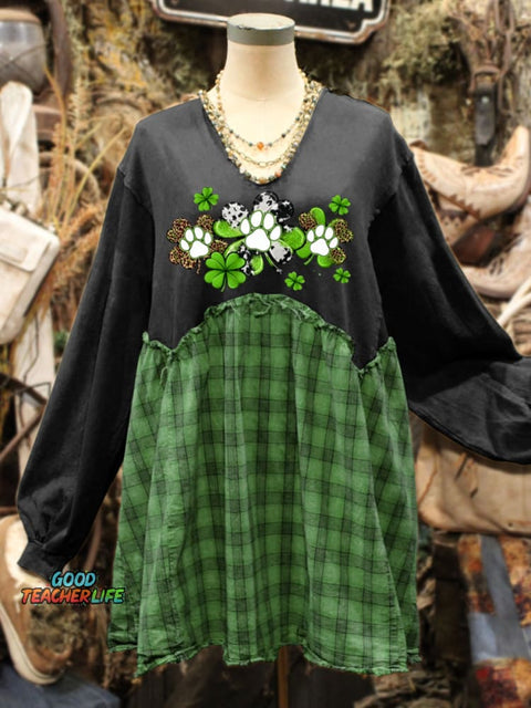 St. Patrick's Day Shamrock Art Print Plaid Stitching Sweatshirt
