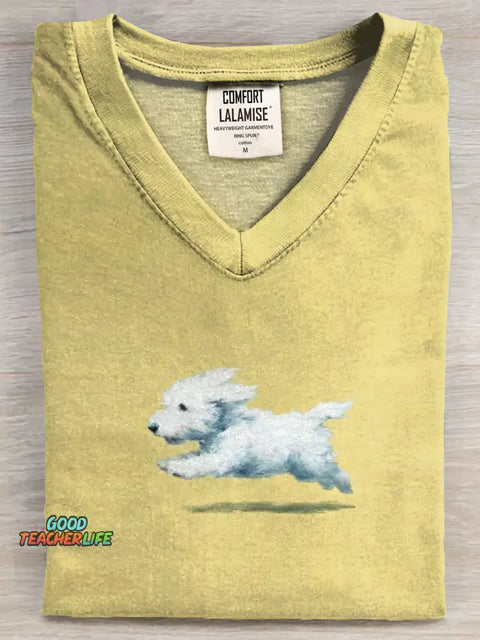 Funny Retro Cute Running White Dog Art Print V-neck Casual T-shirt