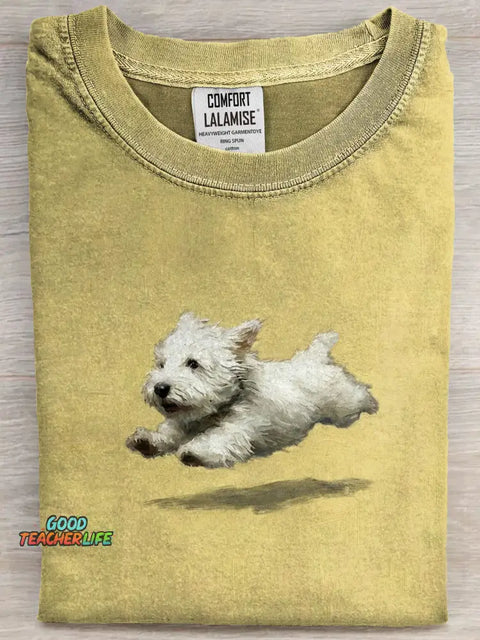 Funny retro Cute Running Dog Art Print Casual Cotton Short Sleeve T-shirt