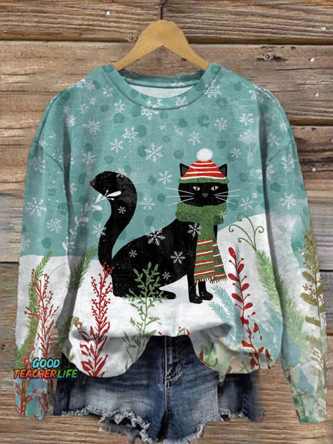 Women's Christmas Cat Crew Neck Casual Sweatshirt