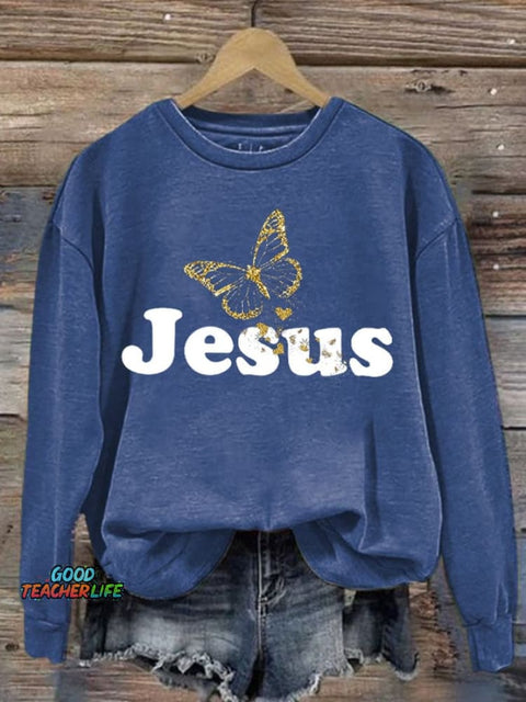 Women's Casual Butterfly Jesus Print Sweatshirt
