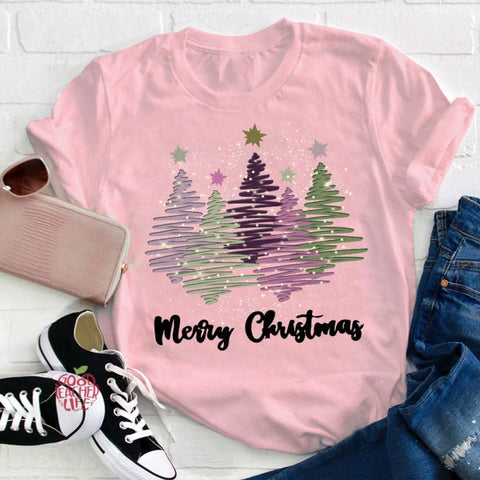 Merry Christmas Colorful Trees Teacher T-Shirt