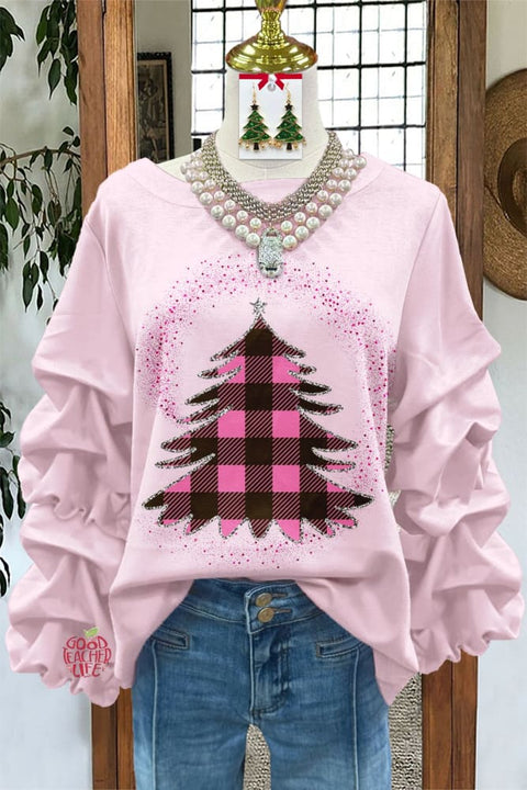 Sweet Plaid Christmas Tree Print Pleated Top