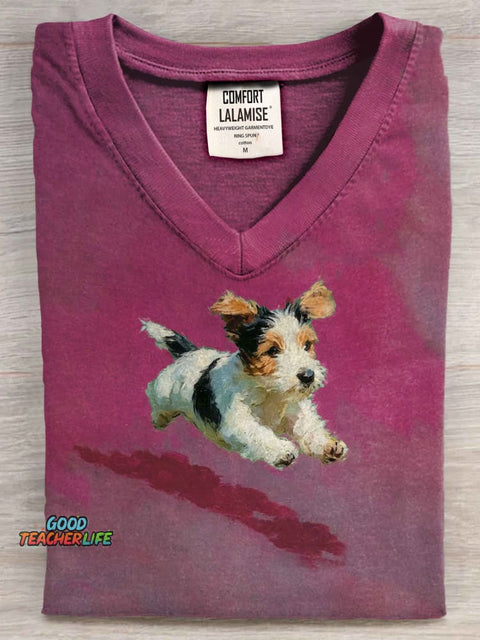 Dog Running In Grass Art V-neck Casual T-shirt