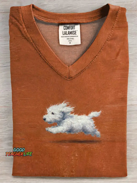 Funny Retro Cute Running White Dog Art Print V-neck Casual T-shirt