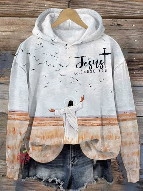 Women's Rural Oil Painting Jesus Faith Cross Printed Hooded Sweatshirt