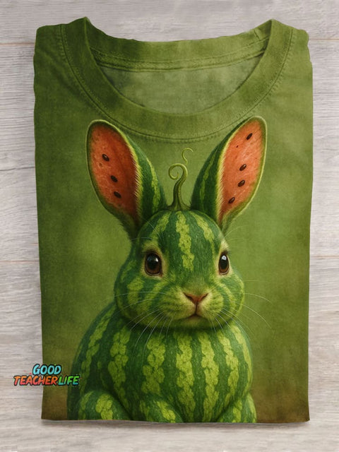 Fun Watermelon Rabbit Art Print Casual Short Sleeve T-Shirt