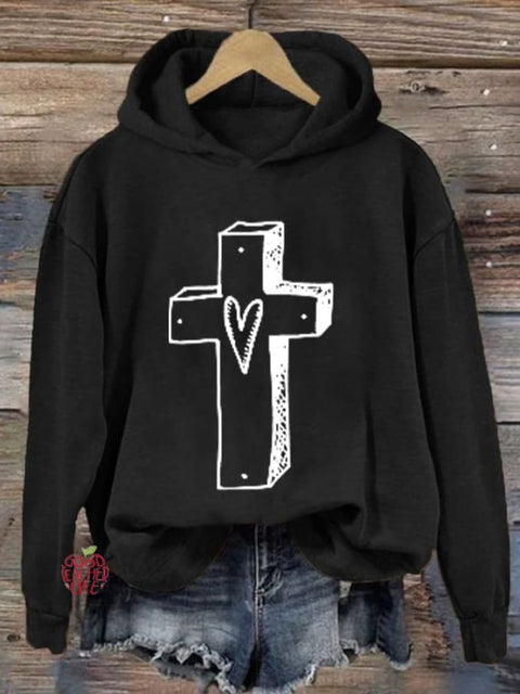 Women'S Retro Faith Cross Printed Hoodie