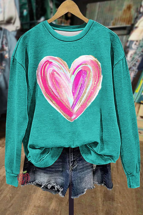 Colorful Heart Print Crew Neck Sweatshirt