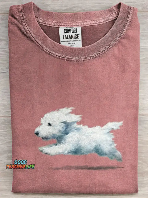 Funny Retro Cute Running White Dog Art Print Casual Cotton Short Sleeve T-shirt