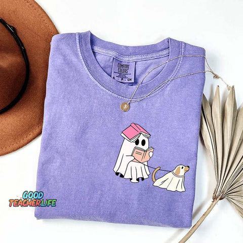 Ghost Walking Dog Reading Teacher T-Shirt