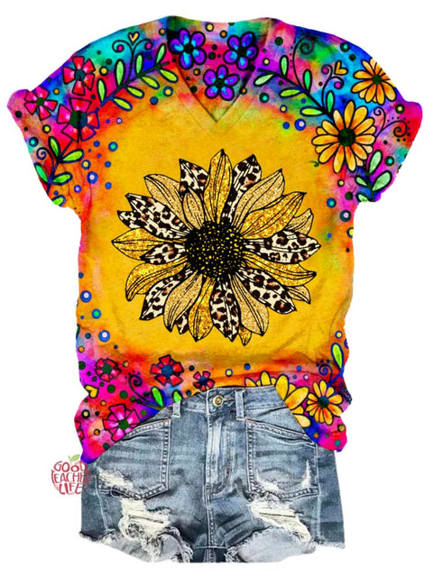 Sunflower Tie Dye Print V Neck T-shirt