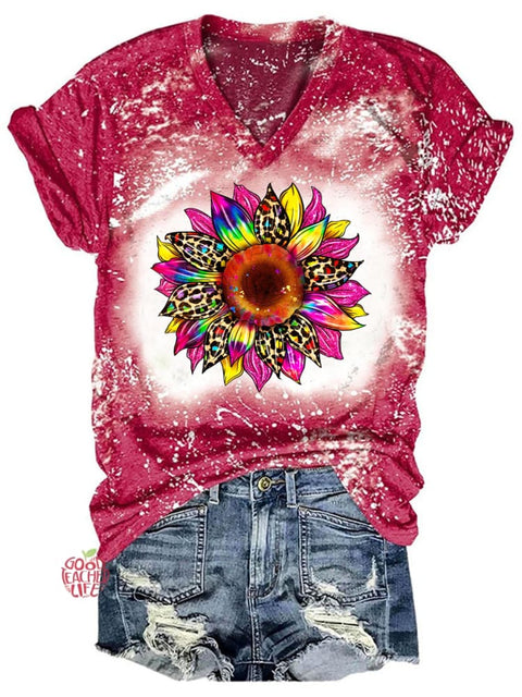 Sunflower Tie Dye Print V Neck T-shirt