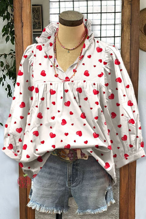 Classic Heart Print V-neck Puff Sleeve Top