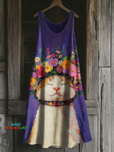 Cat Art Print Casual Cotton and Linen Vest Maxi Dress