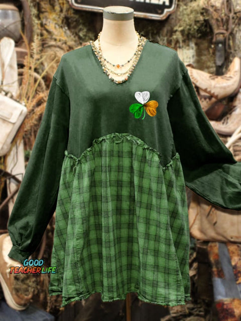 St. Patrick's Day Shamrock Art Print Plaid Stitching Sweatshirt
