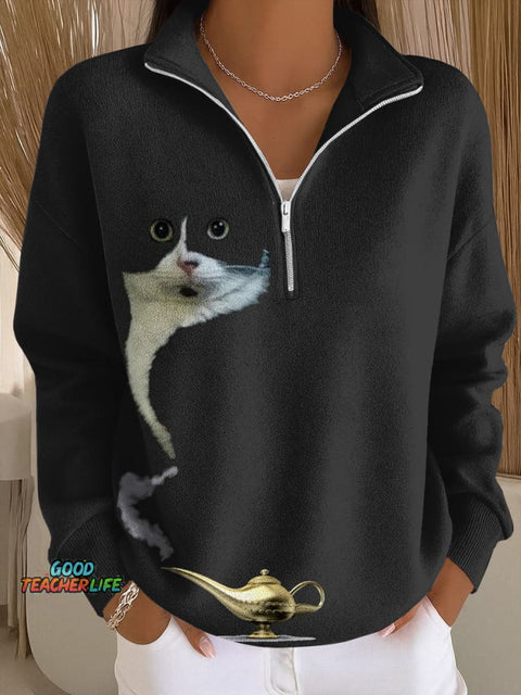 Fun Cat Art Print Casual Zip-Up Sweatshirt