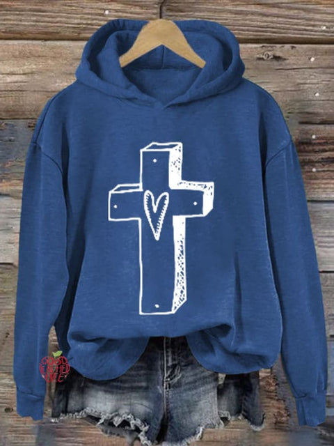 Women'S Retro Faith Cross Printed Hoodie