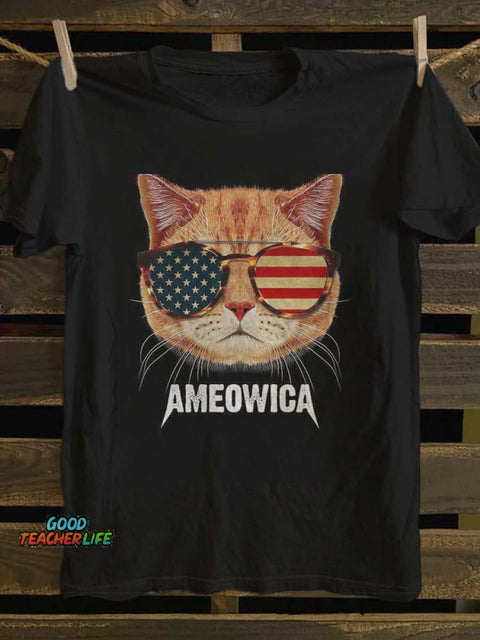 Independence Day Cat Print Casual Short Sleeve T-Shirt