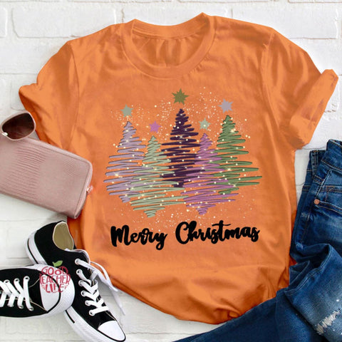 Merry Christmas Colorful Trees Teacher T-Shirt