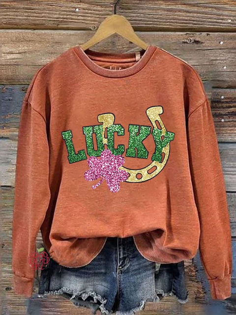 Women's Glitter  St. Patrick's Day Lucky Shamrock Printed Sweatshirt