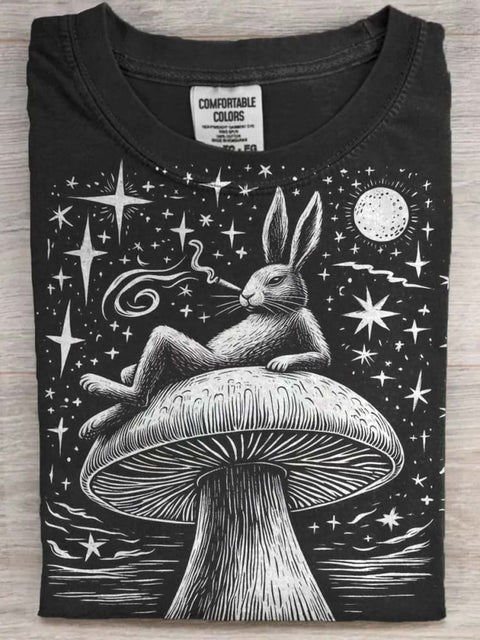 Rabbit on Mushroom Print Casual Short Sleeve T-Shirt