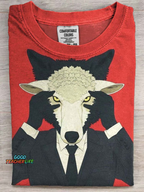 Wolf in Sheep Print Casual Short Sleeve T-Shirt