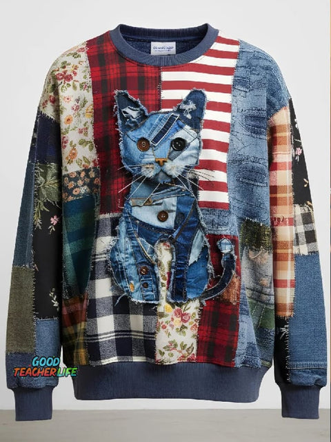 Women's casual patchwork denim sweatshirt with cat print