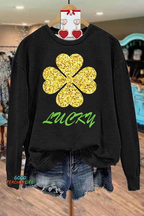 Shinny Shamrock Print Long Sleeve Sweatshirt