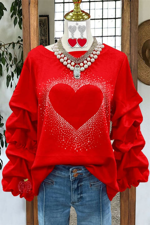 Classic Valentine's Day Heart Rhinestone Pleated Sweatshirt