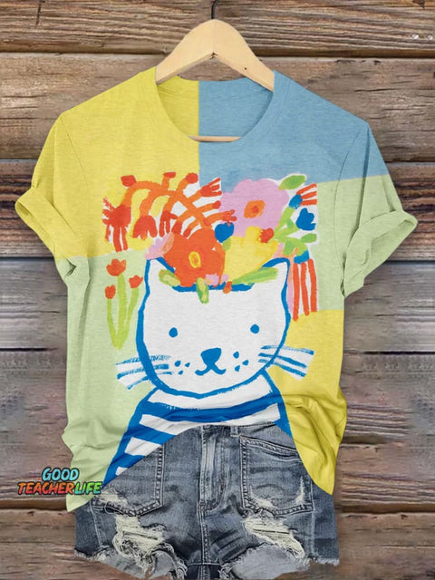Cat Art Print Casual Short Sleeve T-Shirt