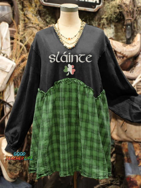 St. Patrick's Day Shamrock Art Print Plaid Stitching Sweatshirt