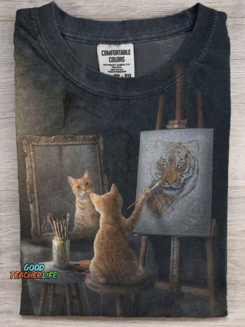 Funny Cat Painting Printed Casual Short Sleeve T-shirt