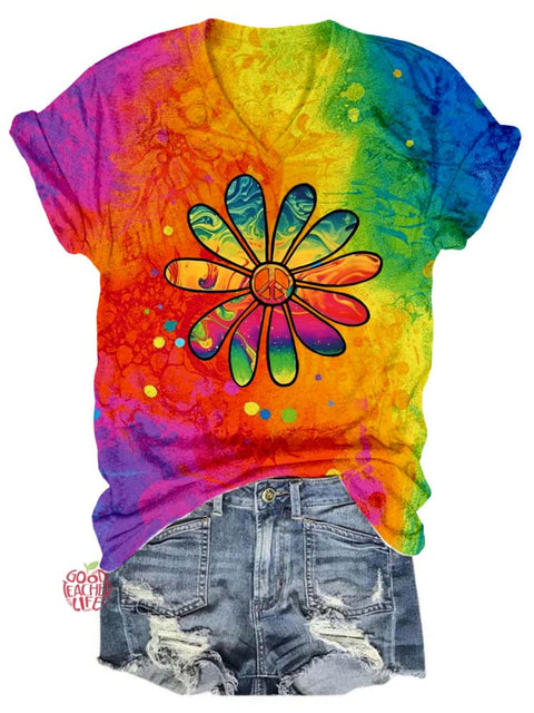 Daisy Peace Colored V Neck T-Shirt