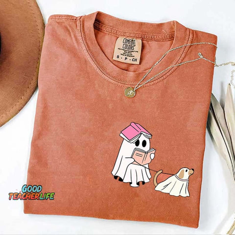 Ghost Walking Dog Reading Teacher T-Shirt